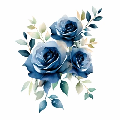 navy blue colored rose flowers arrangement with watercolor effect,suitable for digital clipart,white background,green leaves