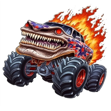 cartoon monster truck in an american flag clipart isolated on a white background flames coming out of the back