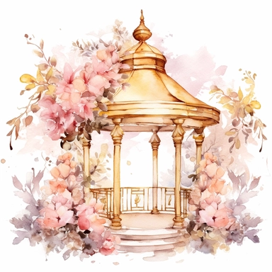Watercolor Floral Gazebo in garden gold and pink Clipart, white background