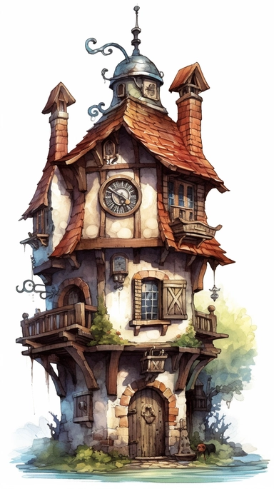 isolated images, illustrations on a white background, fantasy vintage clock house, Clipart, watercolor, realistic, isolated, fussy cuts, highly detailed, hdr, 32K, photo expert quality, watercolor realistic, hyperrealistic and highly detailed, isolated on a white background