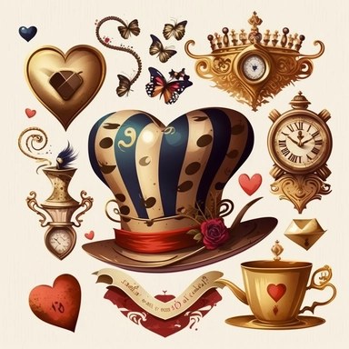collection of big crazy hat , teapot,magic book, teacup, hearts cards, gold melted clock,striped cat ,queen of hearts vector clipart on white background