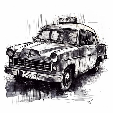 Sketchy Ink Drawing on white background: A cab taxy illustration clipart that resembles a sketchy ink drawing, with loose, expressive lines and a hand-drawn appearance.