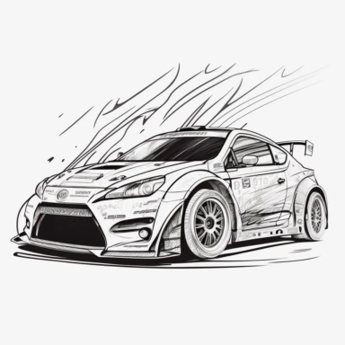 rally car, look like nissan, line art, coloring page, printable, thin lines, no details, no shadow, crisp lines, illustration, vector, clipart