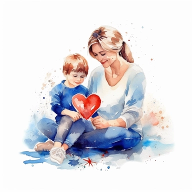 Watercolor art of a mother and child playing games together, with a heart or other decorative element in the background, clipart, white background, 8k