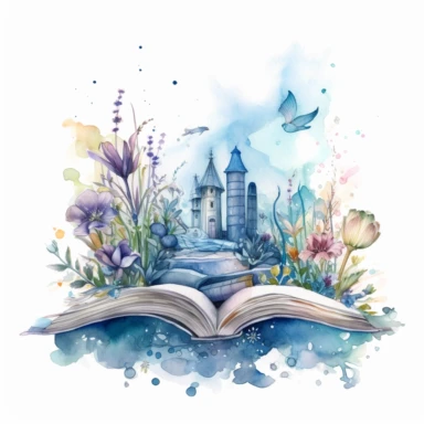 fantasy scene coming out of an open book, castel, florals, magical, watercolors, Clipart, pastel blue color theme