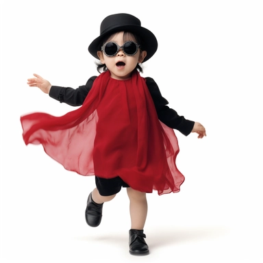 Singer Yoko Ono as a 2 year old toddler, wearing a classic black satin chanel dress, red shoes, red velvet bowler hat, gold silk scarf, dancing, irradiant facial expression, plain white background, clipart