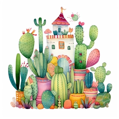 Step into a whimsical summer wonderland with a charming clipart illustration featuring an adorable cactus in a playful cartoon style against a pristine white background. Picture a lovable cactus with a friendly expression and vibrant details, embodying the carefree spirit of summer. Utilize a vibrant and lively color palette, incorporating shades of cheerful greens, warm yellows, and playful accents of pink or orange, to capture the sunny and playful nature of the season. Enhance the composition