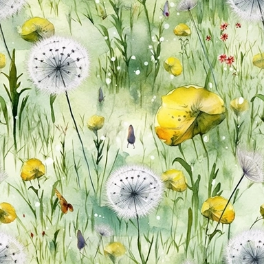 seamless pattern watercolor art of grass with dandelions and bugs, in the style of realistic and hyper-detailed renderings, sketchfab, ahmed morsi, realistic watercolor paintings, use of common materials, handcrafted designs clipart