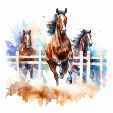 Watercolor racing horses , horse jumping over fence, illustrations clipart set, simple, vibrant colors , cartoon elements, different variants , separate elements with a margin