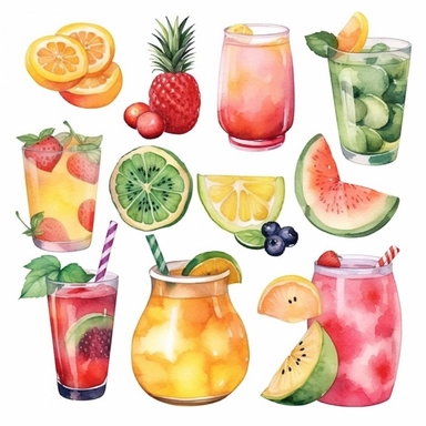 summer food clipart set isolated on white, watercolor summer clipart, cold drinks mojito, pineaple juice, oranges, bananas, watermelons