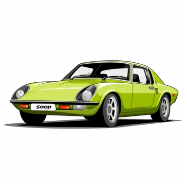 A stylized clipart representation of the 1975 Saab Sonett III in a 3/4 front view. The car's unique design is emphasized with sleek, curved lines and minimal detailing. The lime green color of the vehicle creates a vibrant and eye-catching presence against the pure white background. The angular headlights and distinctive grille are simplified into geometric shapes, while the body of the car is depicted with smooth curves. The wheels are represented as circular forms, and the overall composition 