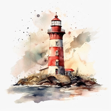 lighthouse watercolor clipart on the coast, white background