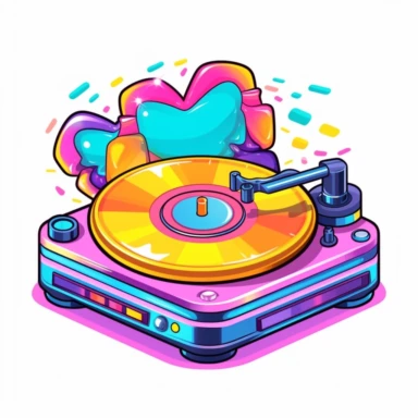 White background: discreet and minimalist, a cute, kawaii, vector musical DJ turntable, sticker, isolated on white background, vibrant colors, lisa frank style, clipart