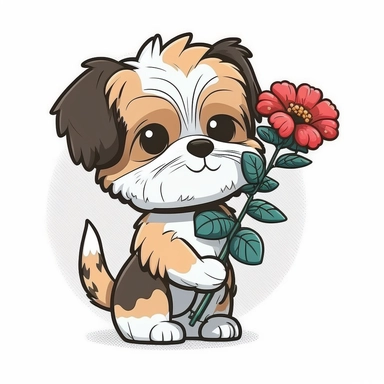 mascot flat color cartoon Cute little dog with flower. Happy Valentine's day clipart. cartoon, vector, illustration. white background