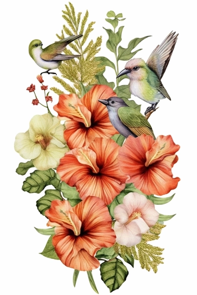Watercolor flower, various color of hibiscus floral garden Bouquets PNG Clipart, wedding digital wildflower green leaves herbs Lisima, tropical birds, separated each