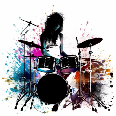 Music notes and instruments, a teenager (women) playing hardrock, drums, silhouette, on stage, vector style graphic, cool vibe, clipart, single design, white background