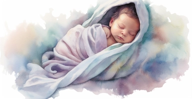 Adorable new baby wrapped up in soft fleece blanket, intricate, full body lying down, soft pastel colors, watercolour clipart, I can't believe how beautiful this is