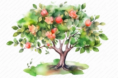Watercolor, Guava tree, clipart, hd, on a white background, spaced out