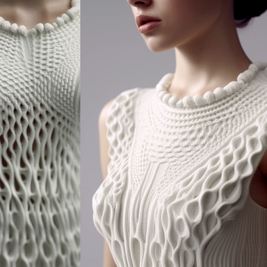 Imagine you're creating a fashion knitwear collection that uses 3D printing technology to produce seamless, highly detailed garments. Describe the general appearance of the pieces in the collection, including the design, colors and finishes used. Consider how 3D printing technology can be used to create complex structures and patterns that would be impossible to achieve through traditional knitting methods. Notice how this technique allows for the creation of highly detailed, seamless garments, 