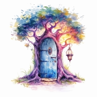 watercolor magical tree door clipart, isolated on white background