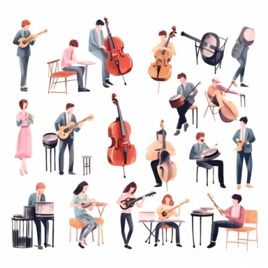 watercolor, Musicians of band or orchestra with musical instruments set vector illustration. Cartoon male and female talent artists playing drum guitar piano flute saxophone violin on show png Full body realistic cartoon in 32K UHD cute. 15 cm thick outline. Black color. There was no shadow on the ground. 8k with realistic watercolors and detailed illustrations. PNG clipart, transparent white background