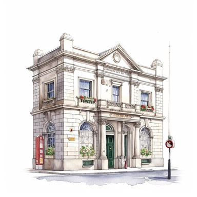 Isolated images, illustrations on a white background, facing front, elevation view, GPO An Post, General Post Office Dublin Ireland, Clipart, watercolor, realistic, isolated, full building, highly detailed, hdr, 32K, photo expert quality, watercolor realistic, hyperrealistic and highly detailed, isolated on a white background
