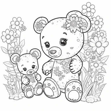 clipart Creepy cute kawaii mother bear and baby Teddy bear running together surounded by big flowers , the image should be used as material for a coloring page, for kids with ages 6 to 8 years old, no colours