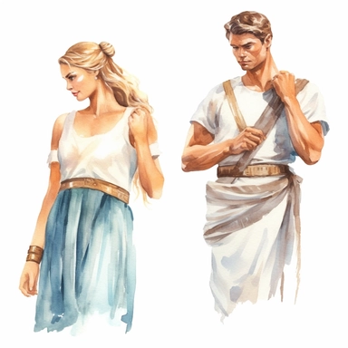Watercolor well built blond roman man and woman with white cloths , illustrations clipart set, simple, , cartoon elements, different variants , separate elements with a margin