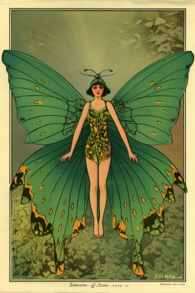 Vintage 1920 Symmetrical Fully Clothed Female Fairy with Large green Wings on its back Illustration, Chromolithograph, 1920s Illustration, Vintage, Antique, Ephemera, Clipart, 8k, on a vintage magazine cover