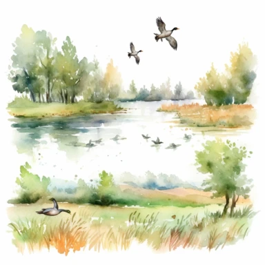 watercolor hunting scene in forest or fields with lake in vicinity where bird flocks take off in numbers , illustrations clipart set, simple, , cartoon elements ,different variants , natural elements, separate elements with a margin, ,4k, high resolution, , natural colors, vibrant green tones, birds,