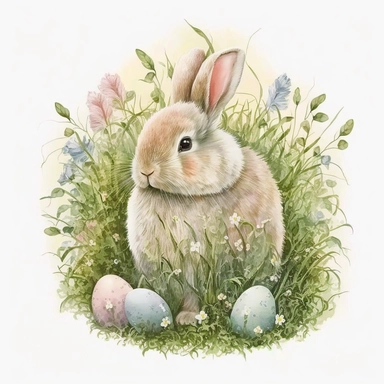 super cute fluffy bunny, watercolor illustration, Easter eggs, grass, clipart