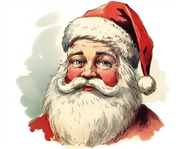 1950’s. Retro Santa Claus face with his classic white beard and red stocking cap trimmed in white fur. Watercolor clipart, Retro Santa Claus face