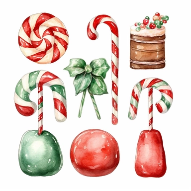 watercolour of a variety of Christmas Candies. Red and Green Gumdrops, Candy Canes, Peppermints, ribbon candy, clipart variations, simple, vector, 8k