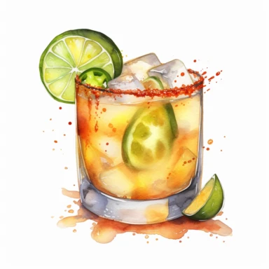 hand drawn spicy margarita, very detailed and realistic, watercolor, white background with margins, clipart style — uplight