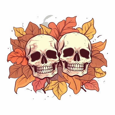 hand drawn png clip art color art of cute skulls on fall leaves