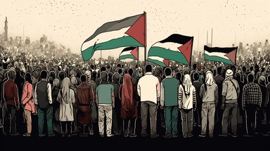 crowd of people raising palestine flags +dark color tones+ vintage drawing style ,clipart drawing,clipart image,high definition drawing,clean colors,balanced colors,detailed drawing,