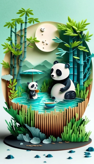 Multidimensional Paper - cut craft , paper illustration , tunne , multi dimensional paper quilling,Chinese landscape illustration,greenish-blue,coffee cup ,Cute baby panda saying hello, standing beside bamboos, watercolor style, cute style, clipart, no words, hd image.best quality, ultra-detail, 3d rendering , Octane render , elevationperspective ,diversity