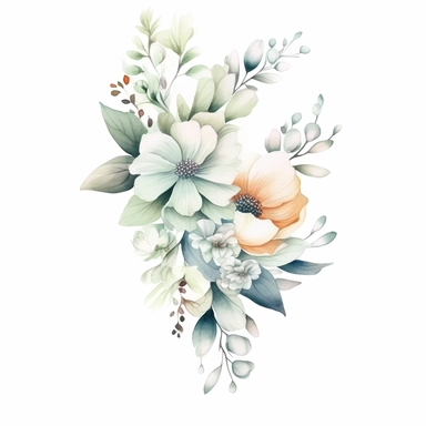 Watercolor artistic flowers, flower decoration in a 90 degree angle, use as a frame on invitation cards, minimalistic, light colours, white, beige, light green, romantic, singel design, white background, clipart
