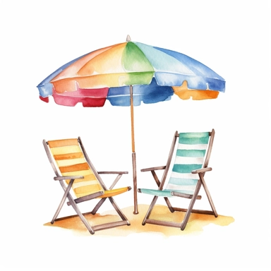 Watercolor A beach umbrella shading a pair of beach chairs clipart, Minimalist, isolated white background, 8k