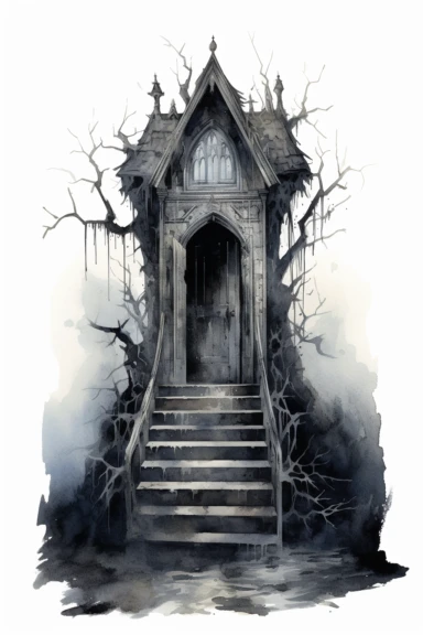 A secret entrance to the haunted house, like a trap door, watercolor illustration, spooky clipart, white backround, no shadow