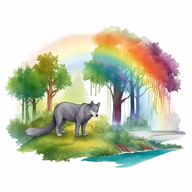a watercolor of a forrest scenery with rainbow and wolf, realistic fantasy Style, vector free clipart illustration, in the style of unreal engine 5, 32k uhd, detailed features, white background