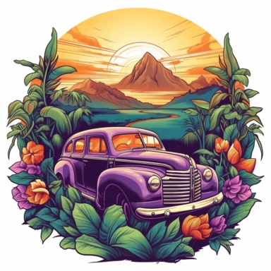 old car, close up, a sticker, artwork of t-shirt graphic of the majestic forest, in digital painting style, beautiful flowers, sunset mountains and clouds, big vines, stone temple covered in vines, plants surrounding, highly detailed clean, vector image, photorealistic masterpiece, professional photography, realistic, flat white background, isometric, vibrant vector, clipart, illustration, realism, 4k, cinematic, front view, paradise, extremely white background