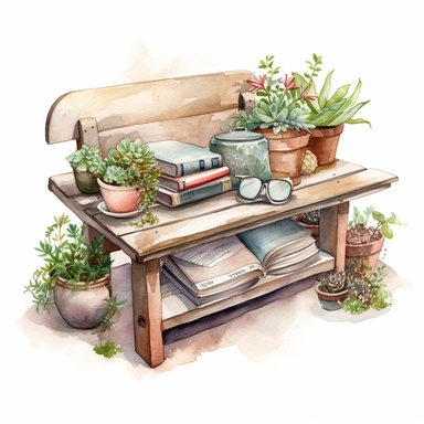 watercolor, hyper realistic, white background, white margins, 16k, ultra detailed clipart, cut out image, hand-drawn, whimsical, sticker style a peaceful garden corner with a wooden bench and a coffee table, a potted plant, and a stack of books. watercolor, hyper realistic, white background, white margins, 16k, ultra detailed clipart, cut out image, hand-drawn, whimsical, sticker style a peaceful garden corner with a wooden bench and a coffee table, a potted plant, and a stack of books