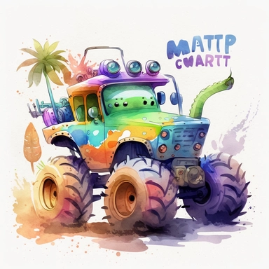 draw a nursery, racing monster truck, a one single watercolor-style clipart, a product image, white background, The image should have a whimsical and vibrant aesthetic, The image should be adorned with details such colors, mechanical parts, racing numbers and funny car tunning. The overall mood of the illustrations should be playful, fun, and vibrant.