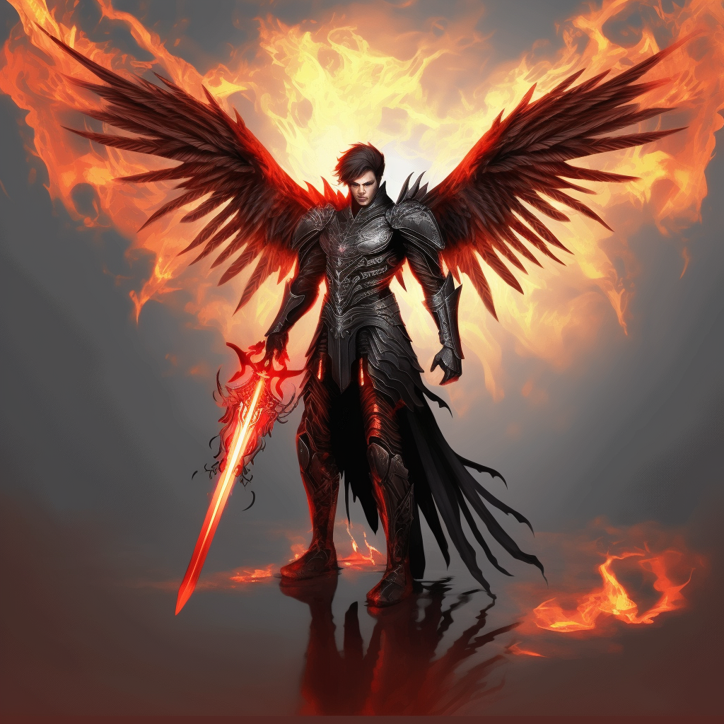 Create a high quality image of fullbody male fire dark angel with fire ...