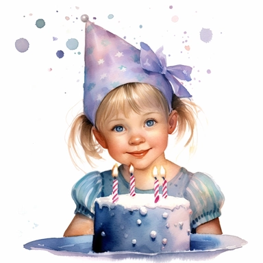 watercolor of a birthday small girl isolated on a white background, detailed ,realistic ,rtx on,textural richness,colorful imagery,digital illustration, clipart,