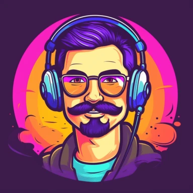 A clipart logo for a discord profile picture that shows a man with a mustache, no beard, no glasses, wearing headphones and talking into a microphone seperate from the headphones like a Voice over artist/Radio DJ would do. Make it look like he is on a desk with a laptop talking into the mic. The colors are very vibrant and the logo is fun yet professional.