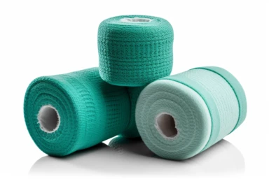 Set of medical compression wrap bandage isolated on white background with clipping path cutout concept for physical therapy or physiotherapy equipment, acute injury rehabilitation and first aid kit high detailed photography, commercial photography, hyperrealistic render, octane render, vfx, sfx, ultra sharp