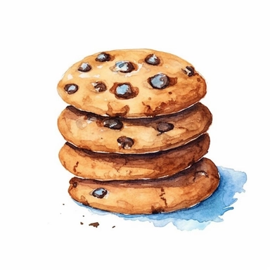 watercolor, hand drawn fresh baked chocolate chip cookies clipart, hd, white background, spaced out--ar 3:2