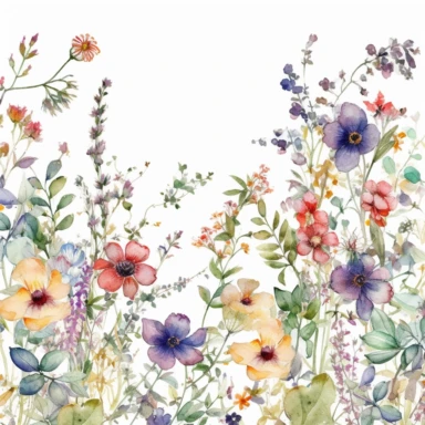 A captivating watercolor floral border clipart, replete with a riot of wildflowers, comes alive against a pristine white background, reminiscent of the loose, expressive style of English artist Helen Wells. The border is a garden of delicate blooms in a symphony of colors, its undulating pattern adding an air of romance, perfect for a wedding theme. The color temperature is a mix of warm and cool tones, echoing the diverse colors of wildflowers. No facial expressions are present, yet each flower